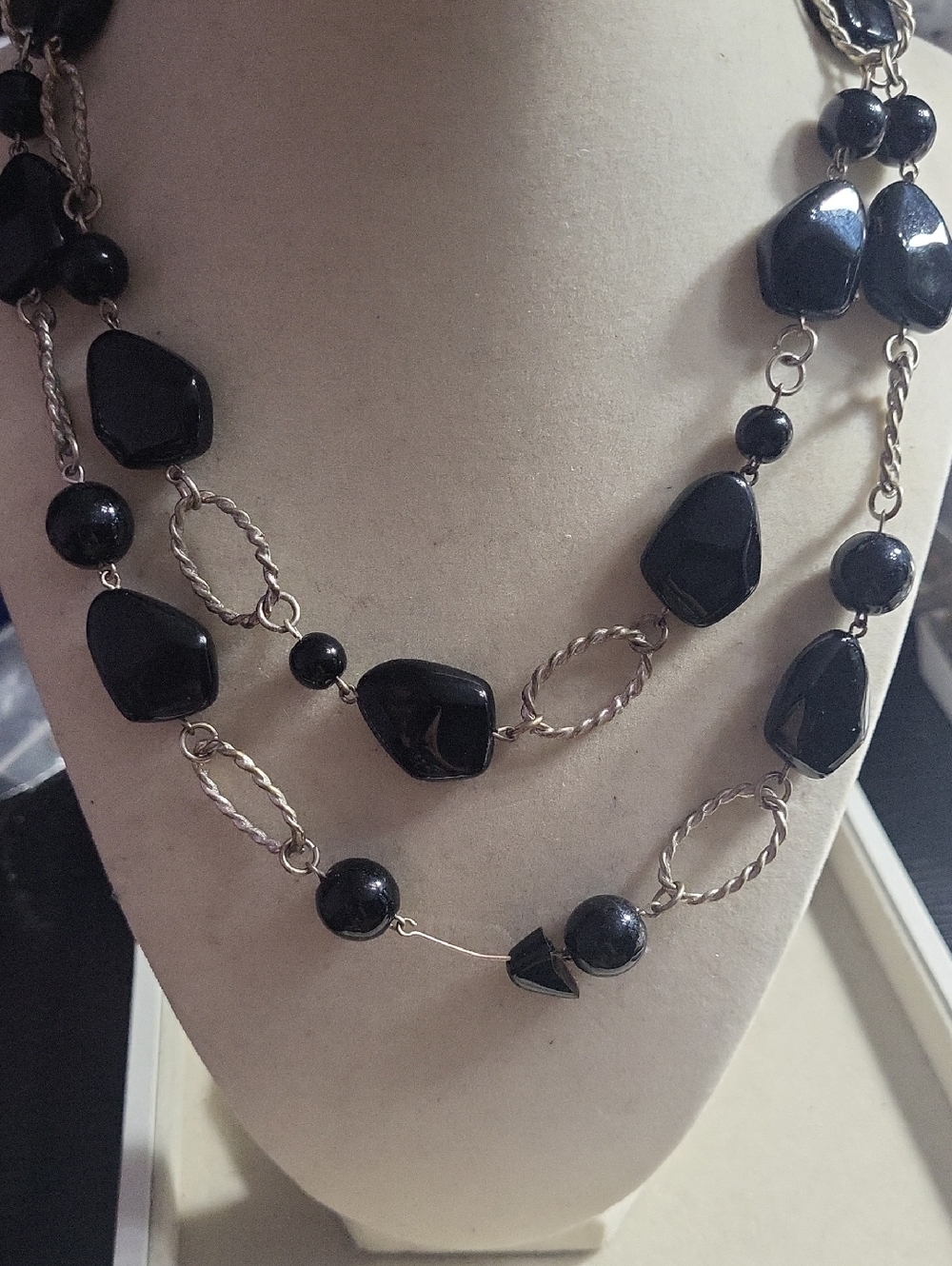 Repair/craft Onyx Acrylic Black Beaded Long Layered Necklace